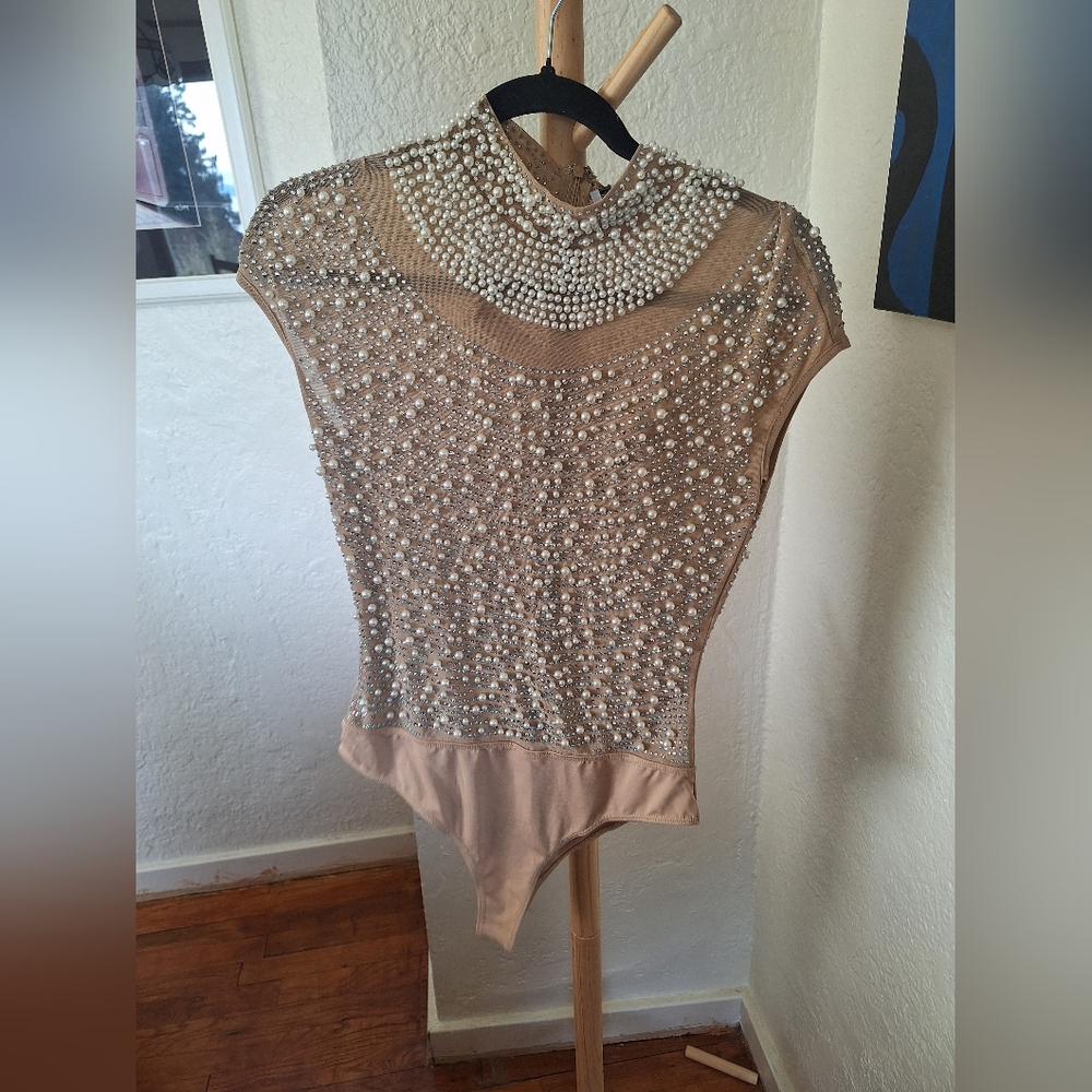 Elegant Pearl Embellished Tan Bodysuit